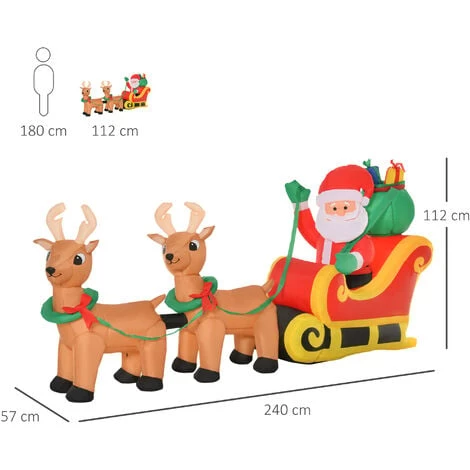 HOMCOM Père Noël Gonflable LED Dim. 240L X 57l X 112H Cm Avec Traîneau, Rennes, Hotte 6 LED Polyester Imperméable - Rouge 5 HOMCOM Père Noël Gonflable LED Dim. 240L X 57l X 112H Cm Avec Traîneau, Rennes, Hotte 6 LED Polyester Imperméable - Rouge – Image 3