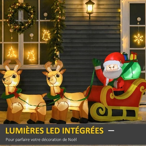 HOMCOM Père Noël Gonflable LED Dim. 240L X 57l X 112H Cm Avec Traîneau, Rennes, Hotte 6 LED Polyester Imperméable - Rouge 6 HOMCOM Père Noël Gonflable LED Dim. 240L X 57l X 112H Cm Avec Traîneau, Rennes, Hotte 6 LED Polyester Imperméable - Rouge – Image 4