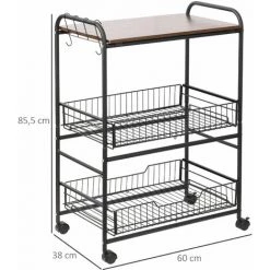 HOMCOM Desserte Néo-rétro Style Industriel 2 Paniers Coulissants - Métal Noir Plateau Aspect Bois De Noyer - Marron -France HOMCOM Soldes 2022 41918975 3