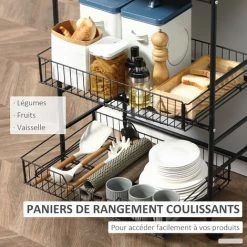 HOMCOM Desserte Néo-rétro Style Industriel 2 Paniers Coulissants - Métal Noir Plateau Aspect Bois De Noyer - Marron -France HOMCOM Soldes 2022 41918975 5