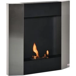 HOMCOM Cheminée Bioéthanol Murale Design Contemporain Convexe - Brûleur 0,7 L - Contrôle De Flamme Et Manche Inclus - Acier Inox. Brossé Et Noir
