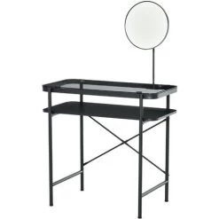 HOMCOM Coiffeuse Design Contemporain Table De Maquillage Plateau Verre Trempé étagère Miroir Pivotant Métal Noir