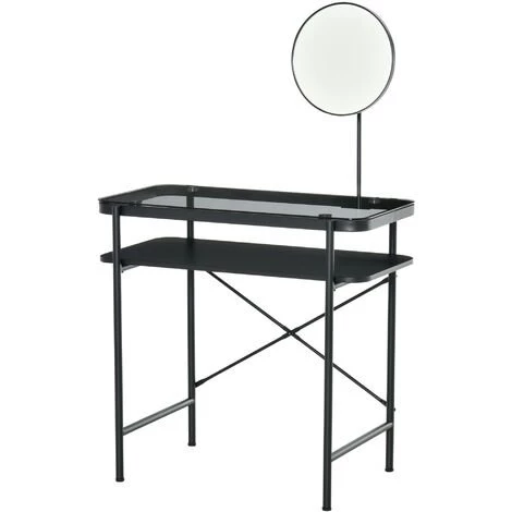 HOMCOM Coiffeuse Design Contemporain Table De Maquillage Plateau Verre Trempé étagère Miroir Pivotant Métal Noir 3 HOMCOM Coiffeuse Design Contemporain Table De Maquillage Plateau Verre Trempé étagère Miroir Pivotant Métal Noir