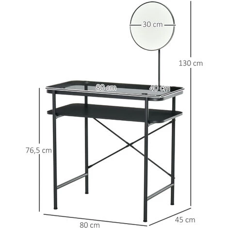 HOMCOM Coiffeuse Design Contemporain Table De Maquillage Plateau Verre Trempé étagère Miroir Pivotant Métal Noir 5 HOMCOM Coiffeuse Design Contemporain Table De Maquillage Plateau Verre Trempé étagère Miroir Pivotant Métal Noir – Image 3
