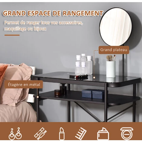 HOMCOM Coiffeuse Design Contemporain Table De Maquillage Plateau Verre Trempé étagère Miroir Pivotant Métal Noir 6 HOMCOM Coiffeuse Design Contemporain Table De Maquillage Plateau Verre Trempé étagère Miroir Pivotant Métal Noir – Image 4