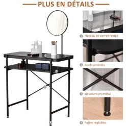 HOMCOM Coiffeuse Design Contemporain Table De Maquillage Plateau Verre Trempé étagère Miroir Pivotant Métal Noir 11 HOMCOM Coiffeuse Design Contemporain Table De Maquillage Plateau Verre Trempé étagère Miroir Pivotant Métal Noir -France HOMCOM Soldes 2022 41918988 5