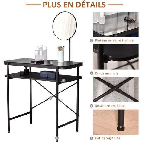 HOMCOM Coiffeuse Design Contemporain Table De Maquillage Plateau Verre Trempé étagère Miroir Pivotant Métal Noir 7 HOMCOM Coiffeuse Design Contemporain Table De Maquillage Plateau Verre Trempé étagère Miroir Pivotant Métal Noir – Image 5