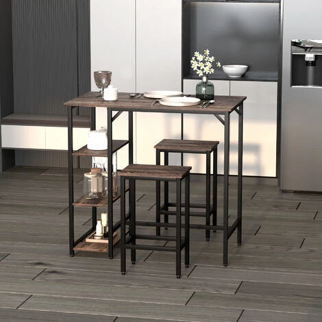 HOMCOM Ensemble Table De Bar 3 étagères 2 Tabourets Style Industriel Métal Noir Aspect Vieux Bois Veinage 4 HOMCOM Ensemble Table De Bar 3 étagères 2 Tabourets Style Industriel Métal Noir Aspect Vieux Bois Veinage – Image 2