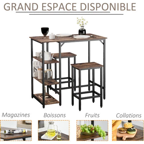 HOMCOM Ensemble Table De Bar 3 étagères 2 Tabourets Style Industriel Métal Noir Aspect Vieux Bois Veinage 7 HOMCOM Ensemble Table De Bar 3 étagères 2 Tabourets Style Industriel Métal Noir Aspect Vieux Bois Veinage – Image 5