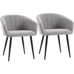 HOMCOM Chaises De Visiteur Design Scandinave - Lot De 2 Chaises - Pieds Inclinés Effilés Métal Noir - Assise Dossier Accoudoirs Ergonomiques Aspect Lin Gris