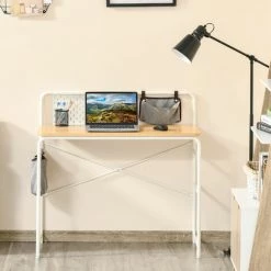 HOMCOM Bureau Informatique 2 Pochettes De Rangement Grise Panneau Métal Blanc Aspect Bois Clair - Beige -France HOMCOM Soldes 2022 41919000 4