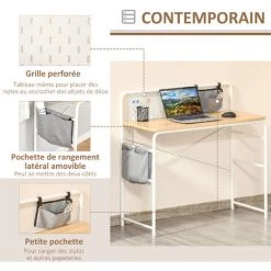 HOMCOM Bureau Informatique 2 Pochettes De Rangement Grise Panneau Métal Blanc Aspect Bois Clair - Beige -France HOMCOM Soldes 2022 41919000 5