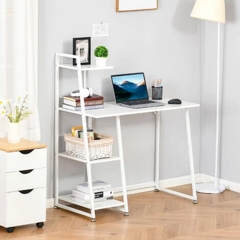 HOMCOM Bureau Informatique Design Contemporain 3 étagères Panneaux De Particules Châssis Métal Blanc 4 HOMCOM Bureau Informatique Design Contemporain 3 étagères Panneaux De Particules Châssis Métal Blanc – Image 2