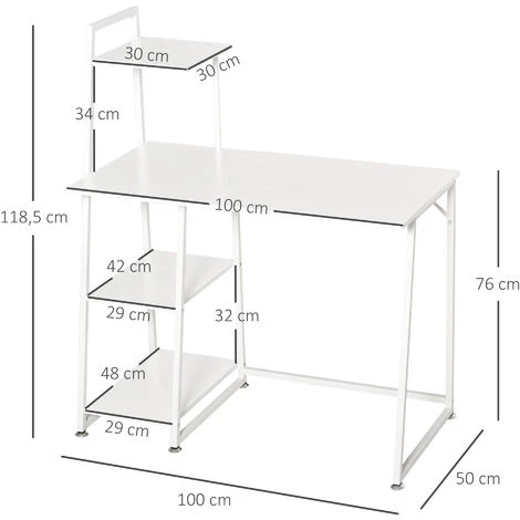 HOMCOM Bureau Informatique Design Contemporain 3 étagères Panneaux De Particules Châssis Métal Blanc 5 HOMCOM Bureau Informatique Design Contemporain 3 étagères Panneaux De Particules Châssis Métal Blanc – Image 3