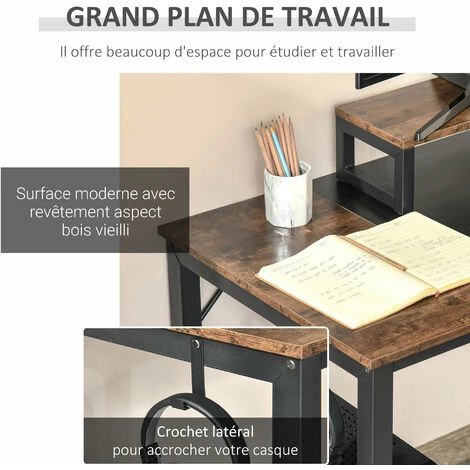 HOMCOM Bureau Design Industriel - Support écran Intégré - Châssis Métal Noir Grand Plateau Panneaux Particules Bicolore Noir Et Boisé 7 HOMCOM Bureau Design Industriel - Support écran Intégré - Châssis Métal Noir Grand Plateau Panneaux Particules Bicolore Noir Et Boisé – Image 5