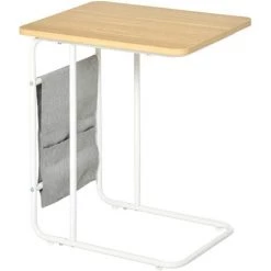 HOMCOM Table Basse Table D'appoint Guéridon Bout De Canapé 2 Pochettes De Rangement Tissu Gris Châssis Métal Blanc Plateau Aspect Bois Clair - Beige