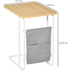HOMCOM Table Basse Table D'appoint Guéridon Bout De Canapé 2 Pochettes De Rangement Tissu Gris Châssis Métal Blanc Plateau Aspect Bois Clair - Beige -France HOMCOM Soldes 2022 41919006 3