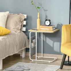 HOMCOM Table Basse Table D'appoint Guéridon Bout De Canapé 2 Pochettes De Rangement Tissu Gris Châssis Métal Blanc Plateau Aspect Bois Clair - Beige -France HOMCOM Soldes 2022 41919006 4