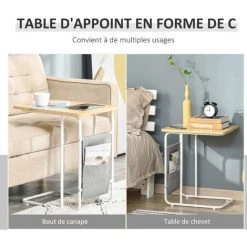 HOMCOM Table Basse Table D'appoint Guéridon Bout De Canapé 2 Pochettes De Rangement Tissu Gris Châssis Métal Blanc Plateau Aspect Bois Clair - Beige -France HOMCOM Soldes 2022 41919006 5