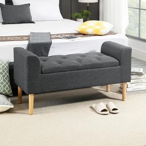 HOMCOM Banquette Coffre De Rangement 2 En 1 Design Chesterfield Assise Capitonnée Accoudoirs Courbés Pieds Effilés Bois D'hévéa Aspect Lin Gris - Gris 4 HOMCOM Banquette Coffre De Rangement 2 En 1 Design Chesterfield Assise Capitonnée Accoudoirs Courbés Pieds Effilés Bois D'hévéa Aspect Lin Gris - Gris – Image 2