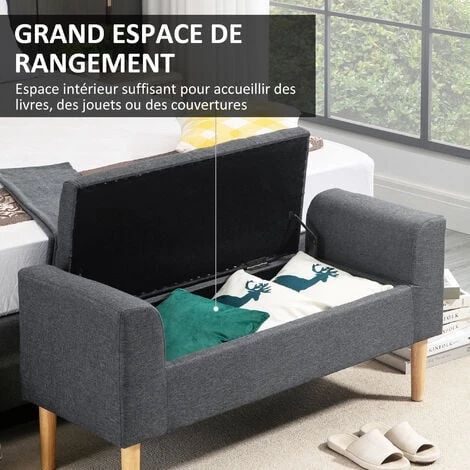 HOMCOM Banquette Coffre De Rangement 2 En 1 Design Chesterfield Assise Capitonnée Accoudoirs Courbés Pieds Effilés Bois D'hévéa Aspect Lin Gris - Gris 7 HOMCOM Banquette Coffre De Rangement 2 En 1 Design Chesterfield Assise Capitonnée Accoudoirs Courbés Pieds Effilés Bois D'hévéa Aspect Lin Gris - Gris – Image 5
