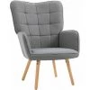 HOMCOM Fauteuil Relax Style Scandinave Dossier Capitonné Piètement Bois De Hêtre Revêtement Aspect Lin Gris - Gris