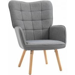 HOMCOM Fauteuil Relax Style Scandinave Dossier Capitonné Piètement Bois De Hêtre Revêtement Aspect Lin Gris - Gris