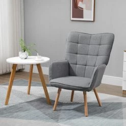 HOMCOM Fauteuil Relax Style Scandinave Dossier Capitonné Piètement Bois De Hêtre Revêtement Aspect Lin Gris - Gris -France HOMCOM Soldes 2022 41919013 4