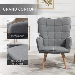 HOMCOM Fauteuil Relax Style Scandinave Dossier Capitonné Piètement Bois De Hêtre Revêtement Aspect Lin Gris - Gris -France HOMCOM Soldes 2022 41919013 5