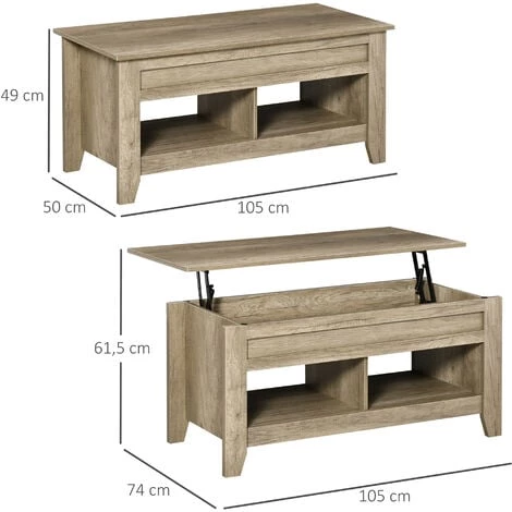 HOMCOM Table Basse Rectangulaire Plateau Relevable 2 Niches Et Coffre Panneaux Particules Aspect Chêne Clair - Beige 5 HOMCOM Table Basse Rectangulaire Plateau Relevable 2 Niches Et Coffre Panneaux Particules Aspect Chêne Clair - Beige – Image 3