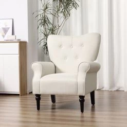 HOMCOM Fauteuil Classique Esprit Bohème-chic Dossier 5 Boutons Accoudoirs Courbés Piètement Bois Hévéa Noir Revêtement Aspect Lin écru - Ecru -France HOMCOM Soldes 2022 41919024 4