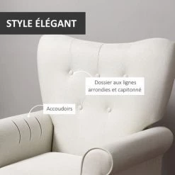 HOMCOM Fauteuil Classique Esprit Bohème-chic Dossier 5 Boutons Accoudoirs Courbés Piètement Bois Hévéa Noir Revêtement Aspect Lin écru - Ecru -France HOMCOM Soldes 2022 41919024 5