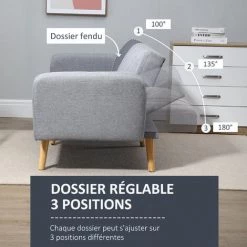 HOMCOM Canapé Convertible 2 Places Design Scandinave Dossier Inclinable 3 Positions Pieds Bois Tissu Aspect Lin Gris - Gris -France HOMCOM Soldes 2022 41919027 5