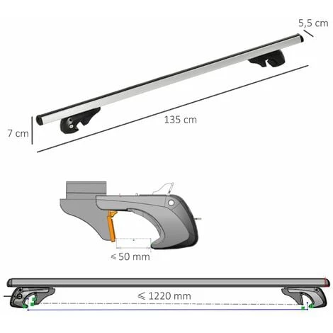 HOMCOM Barres De Toit De Voiture Verrouillables 2 Clés Fournies Dim. 135L X 5,5l X 7H Cm Aluminium Noir - Noir 5 HOMCOM Barres De Toit De Voiture Verrouillables 2 Clés Fournies Dim. 135L X 5,5l X 7H Cm Aluminium Noir - Noir – Image 3