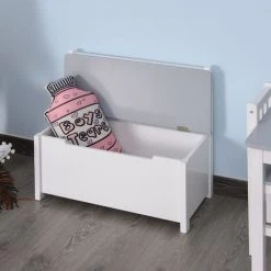 HOMCOM Banc Coffre 2 En 1 Pour Enfant Avec Compas D'abattant Et Dossier Ajouré - Pieds Bois De Pin - Structure MDF Blanc Gris - Gris -France HOMCOM Soldes 2022 41985016 4