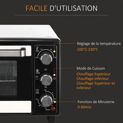 HOMCOM Mini Four 1400 W 16 L - Thermostat 230°C Max - Minuteur 60 Min - 3 Modes De Cuisson - 4 Accessoires Inclus - Acier Inox. Métal Verre Trempé Blanc Noir - Blanc 6 HOMCOM Mini Four 1400 W 16 L - Thermostat 230°C Max - Minuteur 60 Min - 3 Modes De Cuisson - 4 Accessoires Inclus - Acier Inox. Métal Verre Trempé Blanc Noir - Blanc – Image 5
