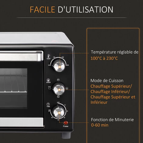 HOMCOM Mini Four 1600 W 28 L - Thermostat 230°C Max - Minuteur 60 Min - 3 Modes De Cuisson - 4 Accessoires Inclus - Acier Inox. Verre Trempé Gris Métal Noir - Gris 7 HOMCOM Mini Four 1600 W 28 L - Thermostat 230°C Max - Minuteur 60 Min - 3 Modes De Cuisson - 4 Accessoires Inclus - Acier Inox. Verre Trempé Gris Métal Noir - Gris – Image 5