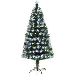 HOMCOM Sapin De Noël Artificiel Lumineux Fibre Optique LED + 26 Ampoules + Support Pied Ø 75 X 150H Cm 180 Branches étoile Sommet Brillante Vert - Vert