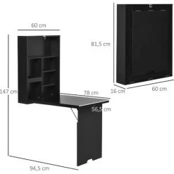 HOMCOM Bureau Mural Pliable Table Murale Rabattable Suspendue Sur Pied étagère + Tableau à Craie Intégré MDF Noir - Noir -France HOMCOM Soldes 2022 42169112 3