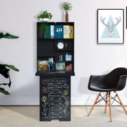 HOMCOM Bureau Mural Pliable Table Murale Rabattable Suspendue Sur Pied étagère + Tableau à Craie Intégré MDF Noir - Noir -France HOMCOM Soldes 2022 42169112 4