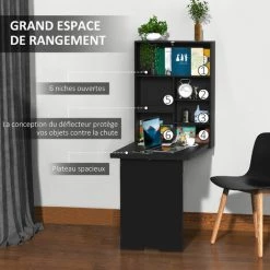 HOMCOM Bureau Mural Pliable Table Murale Rabattable Suspendue Sur Pied étagère + Tableau à Craie Intégré MDF Noir - Noir -France HOMCOM Soldes 2022 42169112 5
