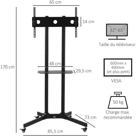 HOMCOM Support TV Sur Roulettes Meuble TV Roulant Pour écran 32-65 Pouces Hauteur Et Angle Réglable Charge Max. 50 Kg Châssis Acier Noir 5 HOMCOM Support TV Sur Roulettes Meuble TV Roulant Pour écran 32-65 Pouces Hauteur Et Angle Réglable Charge Max. 50 Kg Châssis Acier Noir – Image 3