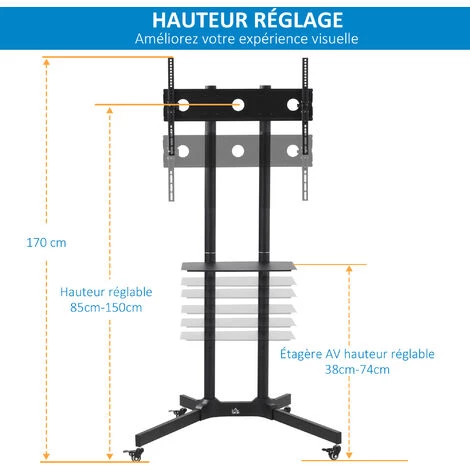 HOMCOM Support TV Sur Roulettes Meuble TV Roulant Pour écran 32-65 Pouces Hauteur Et Angle Réglable Charge Max. 50 Kg Châssis Acier Noir 6 HOMCOM Support TV Sur Roulettes Meuble TV Roulant Pour écran 32-65 Pouces Hauteur Et Angle Réglable Charge Max. 50 Kg Châssis Acier Noir – Image 4