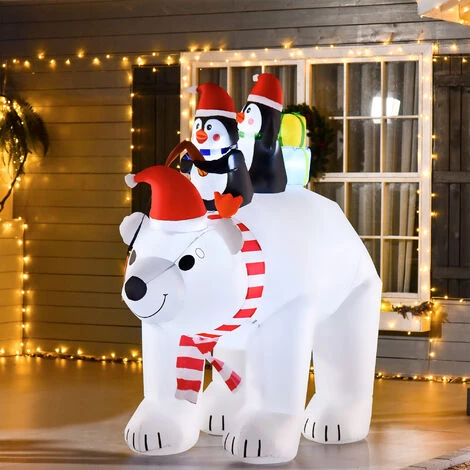 HOMCOM Ours Polaire Gonflable De Noël Décoration Gonflable LED De Noël 2,06H M Lumières LED 2 Pingouins Blanc - Blanc 4 HOMCOM Ours Polaire Gonflable De Noël Décoration Gonflable LED De Noël 2,06H M Lumières LED 2 Pingouins Blanc - Blanc – Image 2