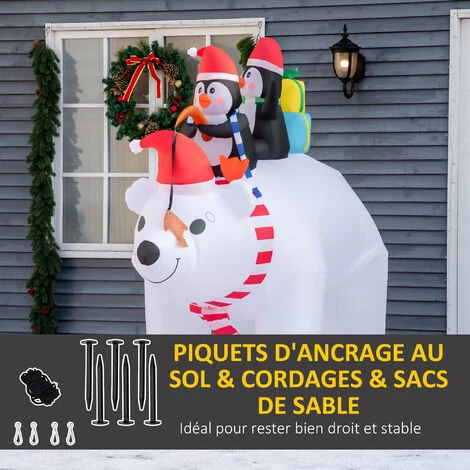 HOMCOM Ours Polaire Gonflable De Noël Décoration Gonflable LED De Noël 2,06H M Lumières LED 2 Pingouins Blanc - Blanc 7 HOMCOM Ours Polaire Gonflable De Noël Décoration Gonflable LED De Noël 2,06H M Lumières LED 2 Pingouins Blanc - Blanc – Image 5