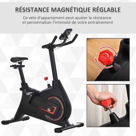 HOMCOM Vélo De Biking Vélo D'appartement Résistance Magnétique Selle Réglable 2 Roulettes De Déplacement écran LCD Acier Rouge Noir 6 HOMCOM Vélo De Biking Vélo D'appartement Résistance Magnétique Selle Réglable 2 Roulettes De Déplacement écran LCD Acier Rouge Noir – Image 4