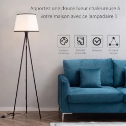 HOMCOM Lampadaire Trépied Design Contemporain 40 W Max. 170H Cm Métal Polyester Coton Noir Blanc - Noir 10 HOMCOM Lampadaire Trépied Design Contemporain 40 W Max. 170H Cm Métal Polyester Coton Noir Blanc - Noir -France HOMCOM Soldes 2022 42169139 4