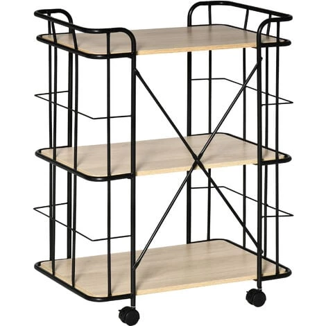 HOMCOM Chariot De Service Desserte Vintage Style Industriel 3 étagères Métal Noir MDF Aspect Bois Chêne Clair - Beige 3 HOMCOM Chariot De Service Desserte Vintage Style Industriel 3 étagères Métal Noir MDF Aspect Bois Chêne Clair - Beige