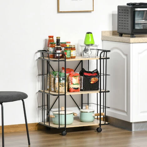 HOMCOM Chariot De Service Desserte Vintage Style Industriel 3 étagères Métal Noir MDF Aspect Bois Chêne Clair - Beige 4 HOMCOM Chariot De Service Desserte Vintage Style Industriel 3 étagères Métal Noir MDF Aspect Bois Chêne Clair - Beige – Image 2