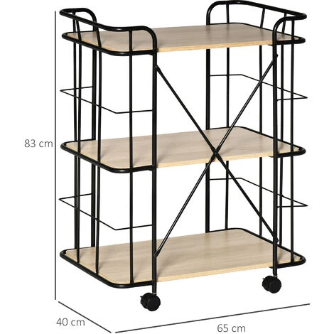 HOMCOM Chariot De Service Desserte Vintage Style Industriel 3 étagères Métal Noir MDF Aspect Bois Chêne Clair - Beige 5 HOMCOM Chariot De Service Desserte Vintage Style Industriel 3 étagères Métal Noir MDF Aspect Bois Chêne Clair - Beige – Image 3